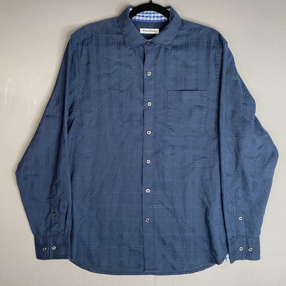 Tommy Bahama Shirt Mens Medium Navy Linen Blend Long Sleeve Button Front Plaid